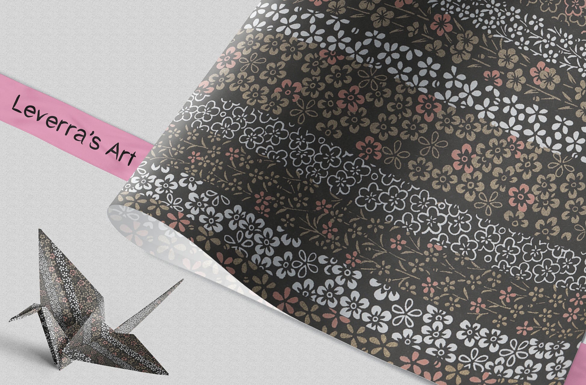 Floral patterned paper with a folded paper crane on a light gray background, featuring 'Leverra's Art' branding.