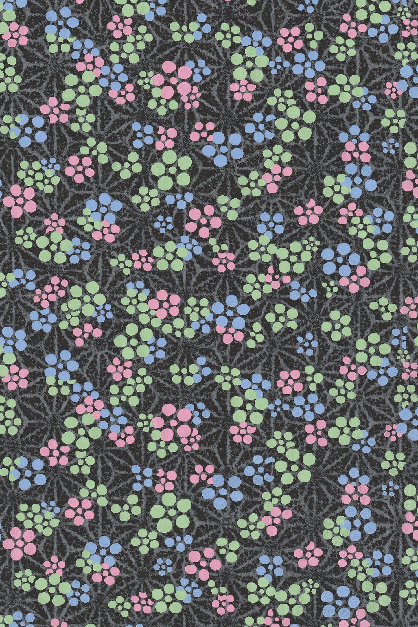 Floral pattern with blue, pink, and green flowers on a black background