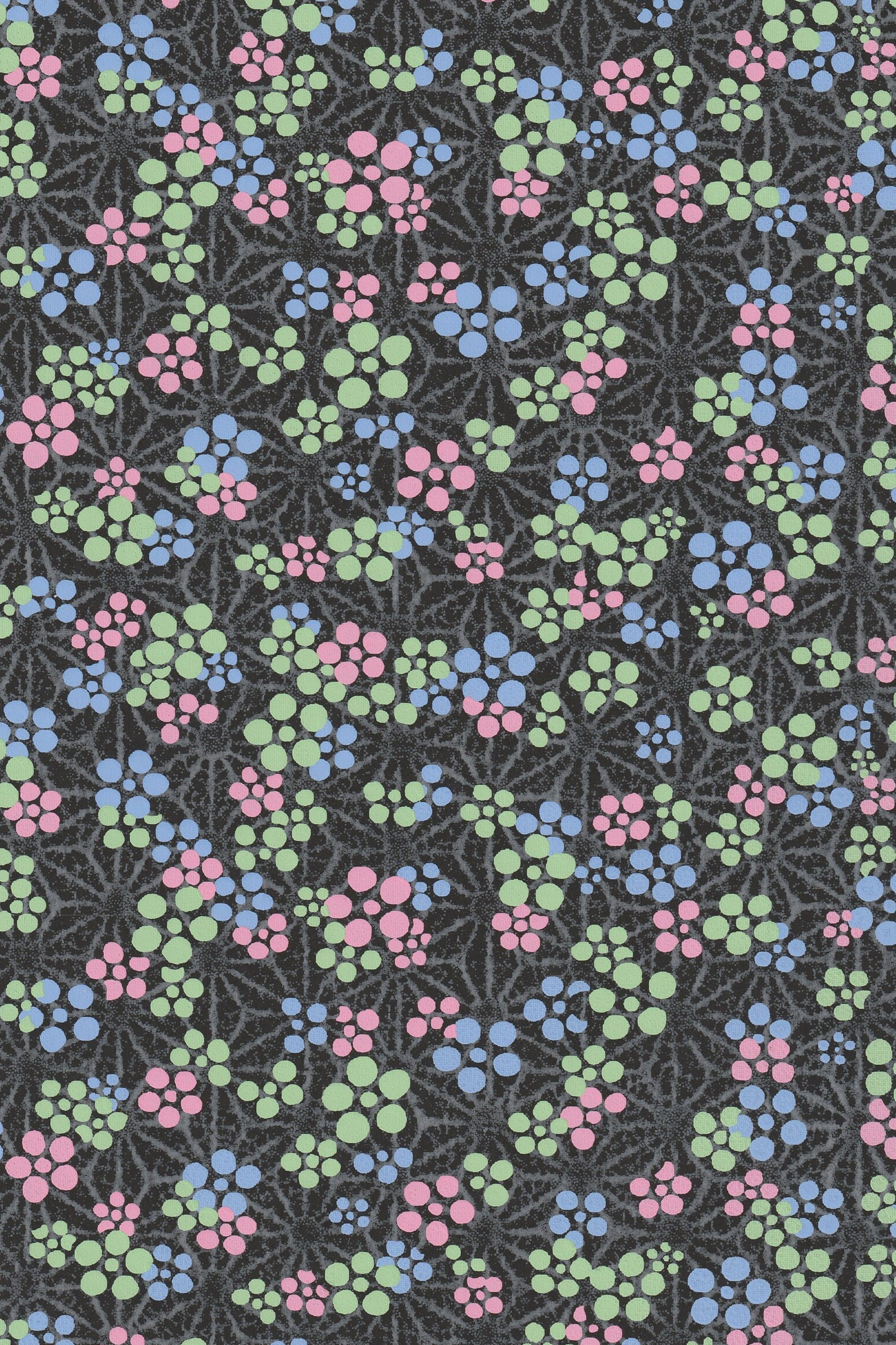 Floral pattern with blue, pink, and green flowers on a black background