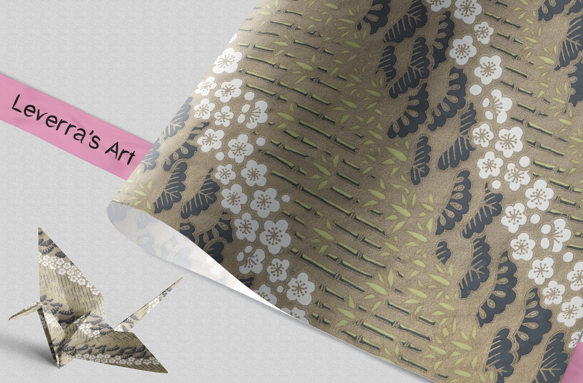 Decorative chiyogami paper with floral and leaf pattern, featuring a paper crane and pink label with 'Leverra's Art' text.