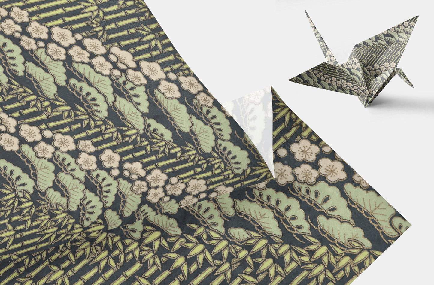 Origami crane made from patterned paper with floral design