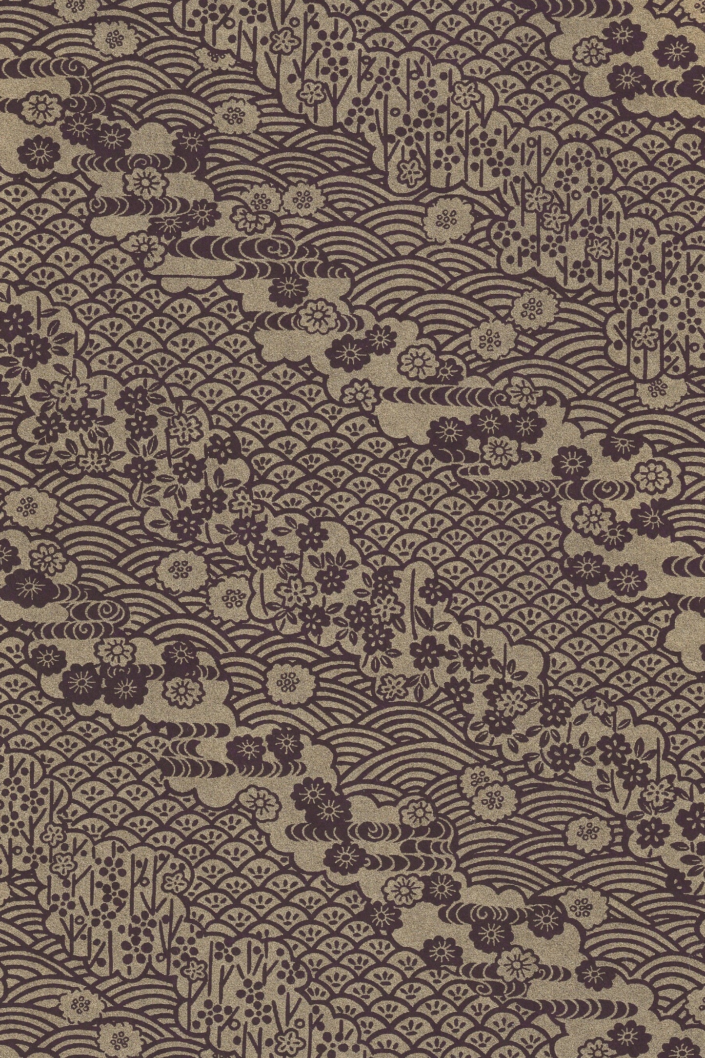 Textile pattern with floral and wave design on a brown background