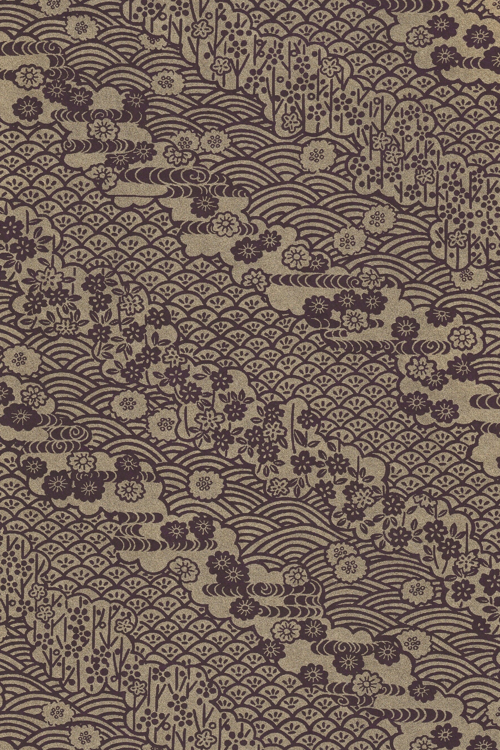 Textile pattern with floral and wave design on a brown background