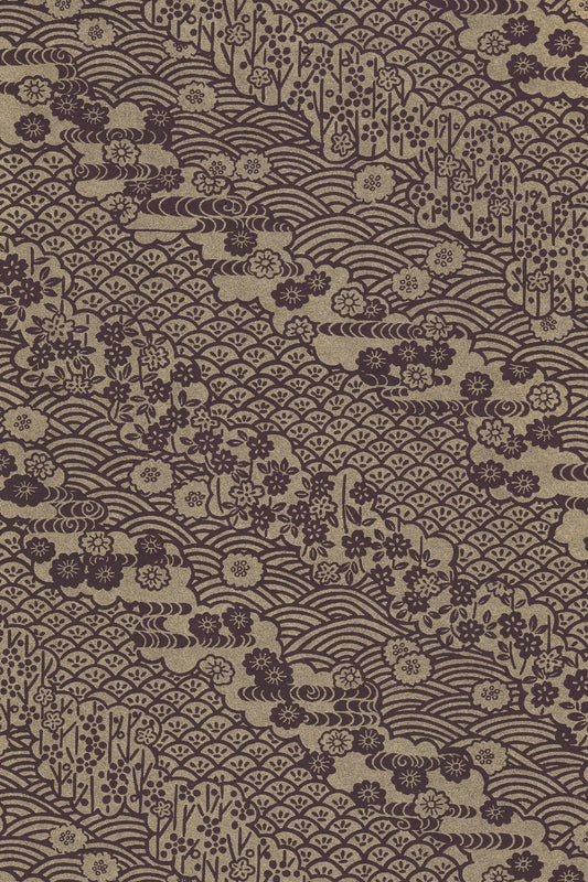 Textile pattern with floral and wave design on a brown background