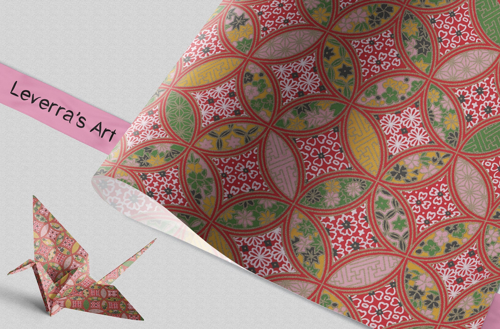 Patterned paper with geometric design and a red origami crane on a light gray background.