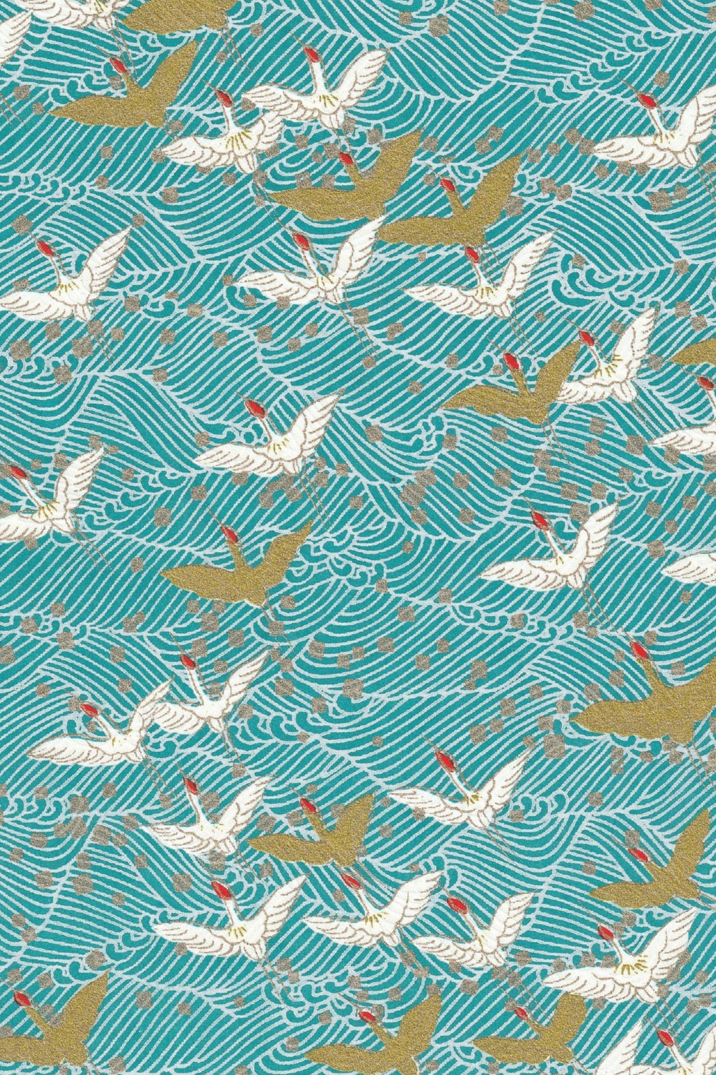 Chiyogami paper with Pattern of white and gold cranes on a teal background