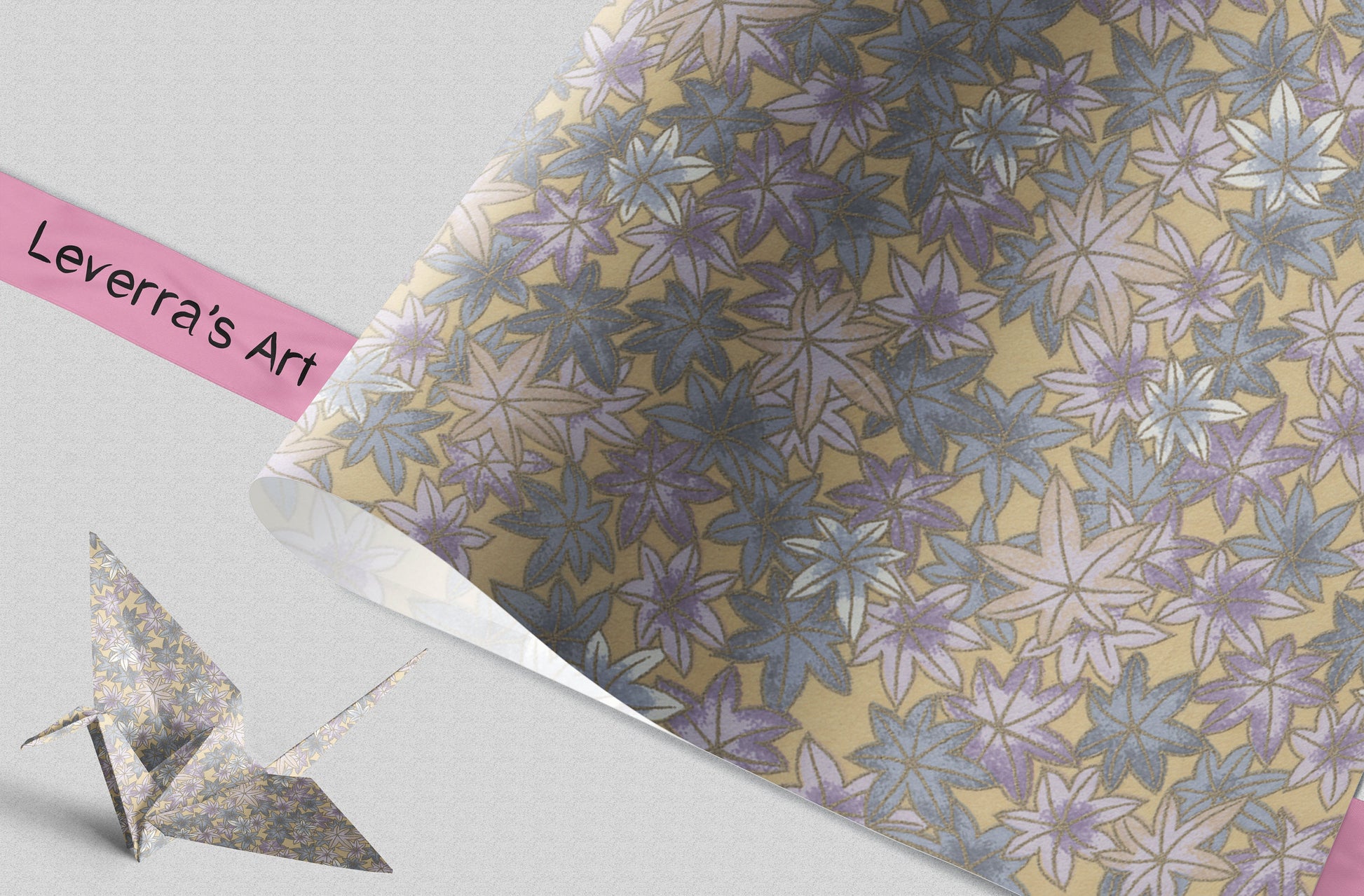 Decorative chiyogami paper with floral pattern and a folded paper crane on a light gray background, featuring 'Leverra's Art' branding.