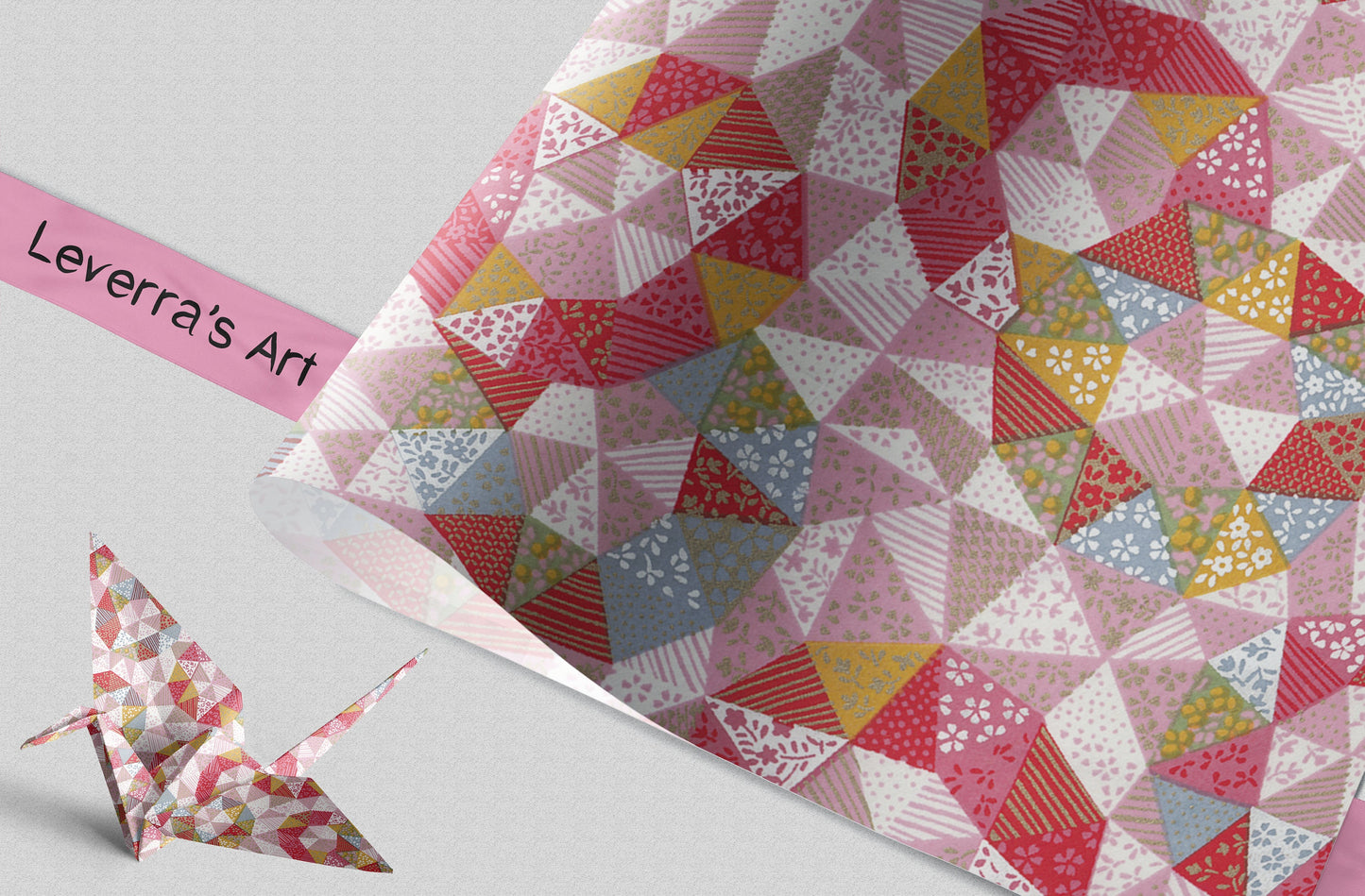 Colorful with geometric pattern and a paper crane on a gray background, featuring 'Leverra's Art' branding.