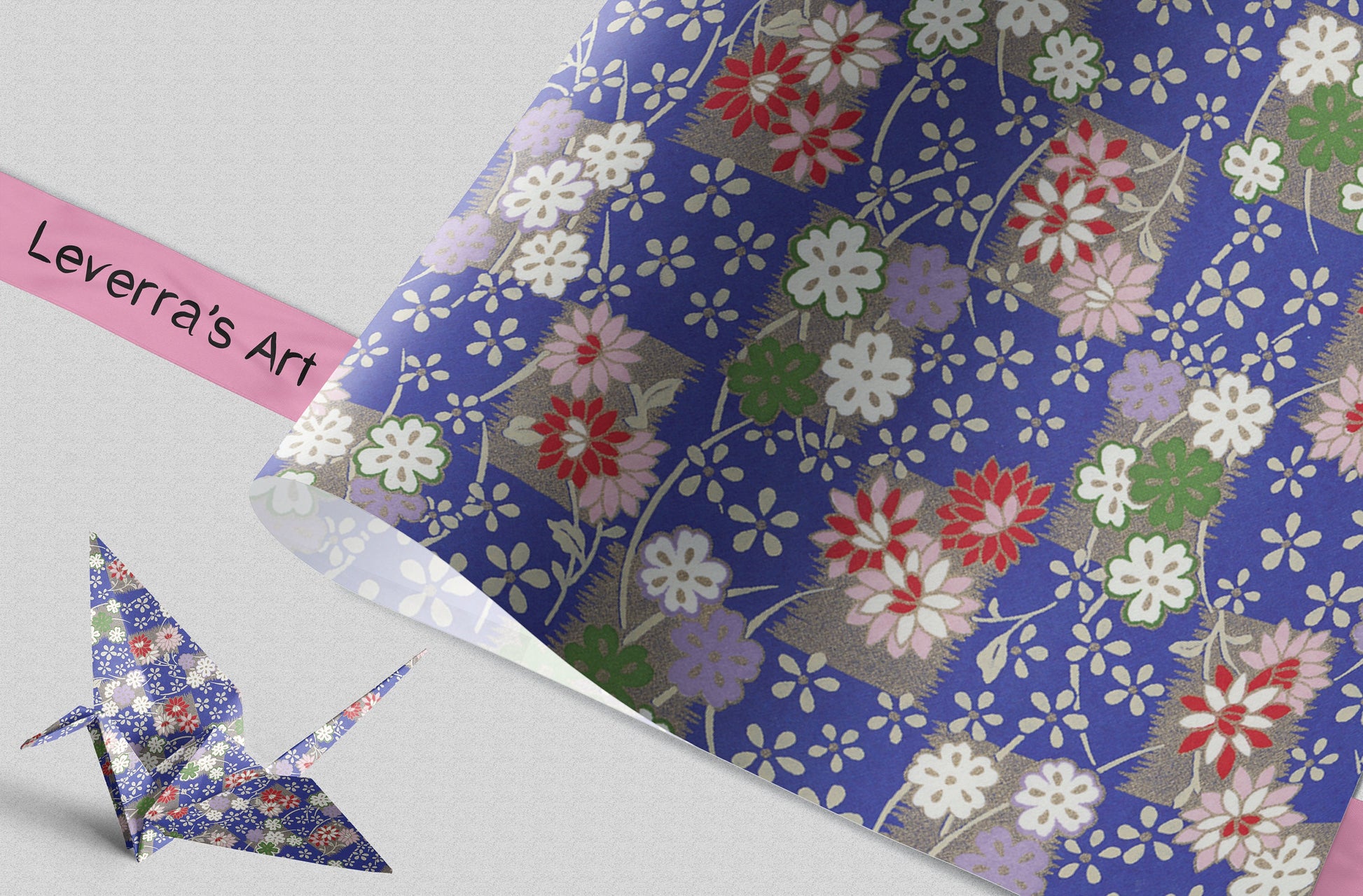 Floral-patterned chiyogami paper with an origami crane on a gray background, featuring 'Leverra's Art' branding.