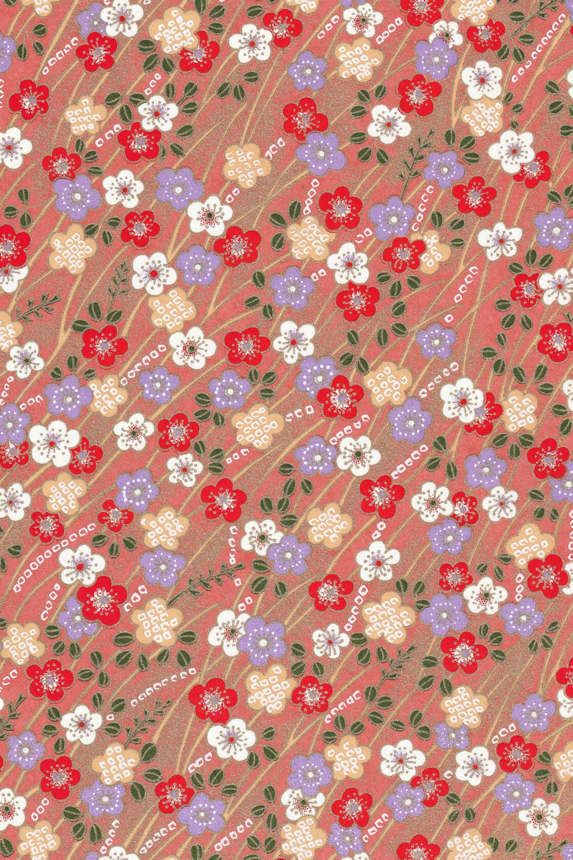 Chiyogami paper with Floral pattern with red, white, and purple flowers on a pink background