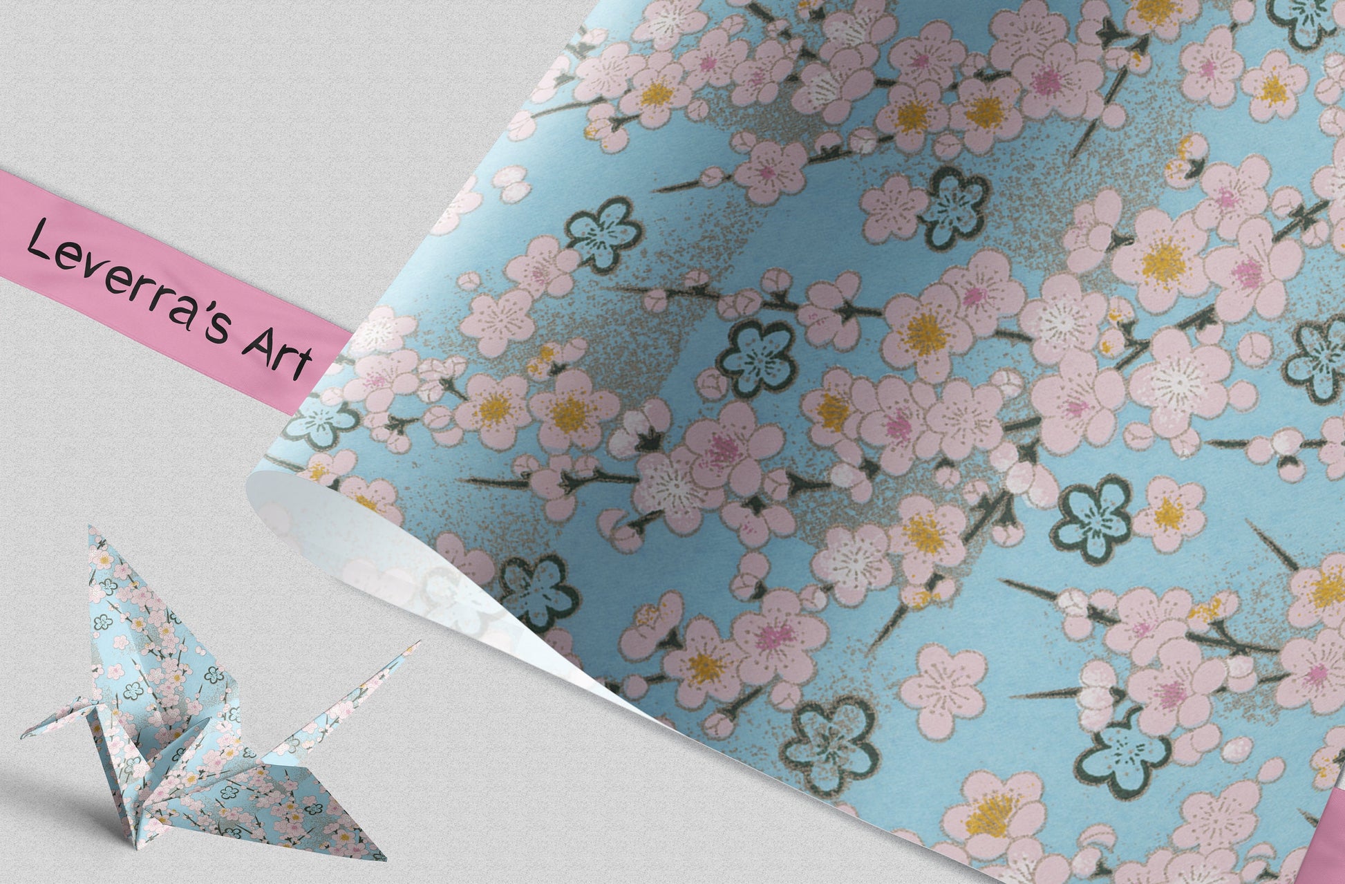 Floral patterned chiyogami paper and an origami crane on a light gray background featuring a "Leverra's Art" label.