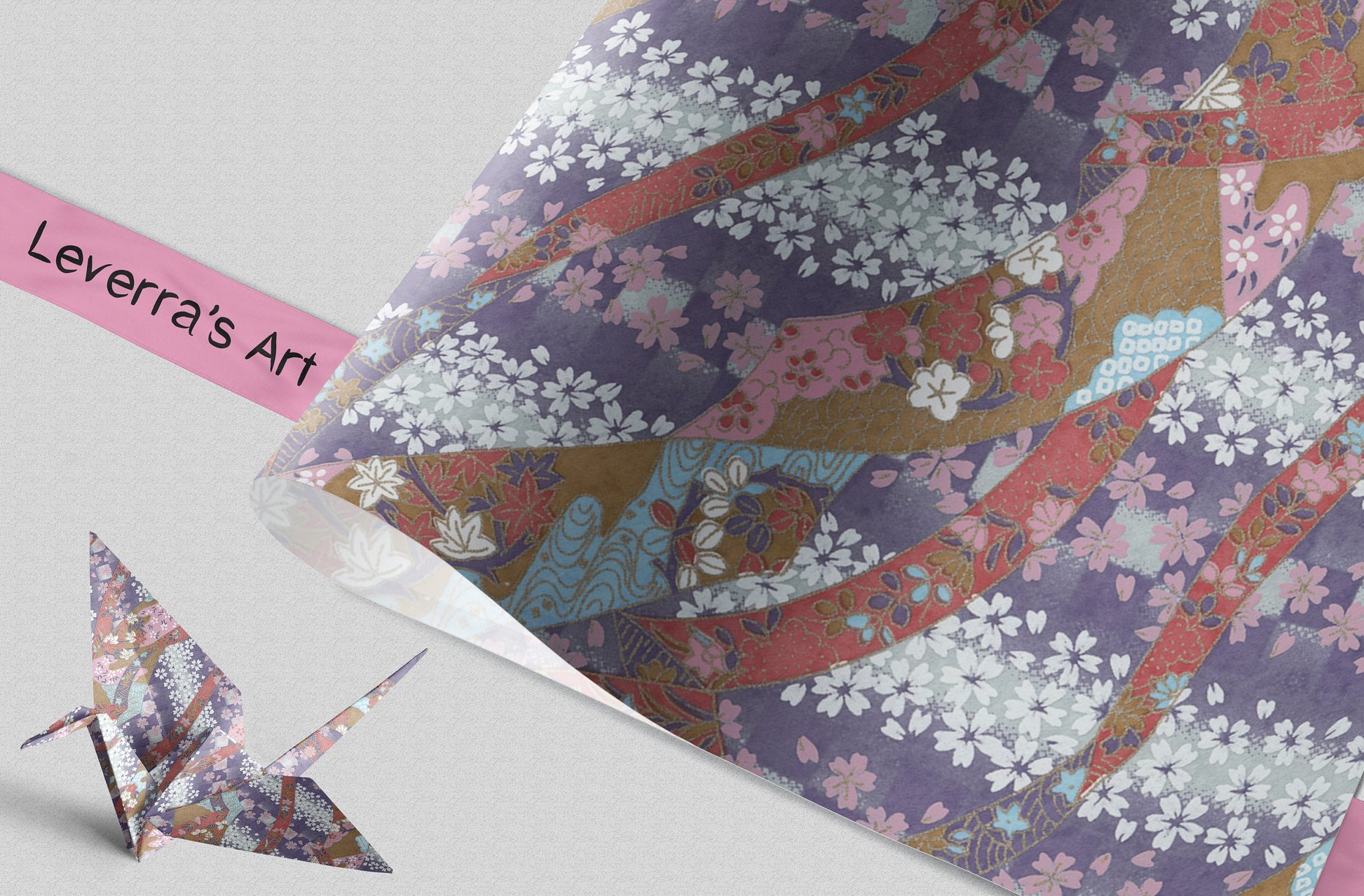 Floral-patterned paper with a folded paper crane on a light gray background, featuring 'Leverra's Art' branding.