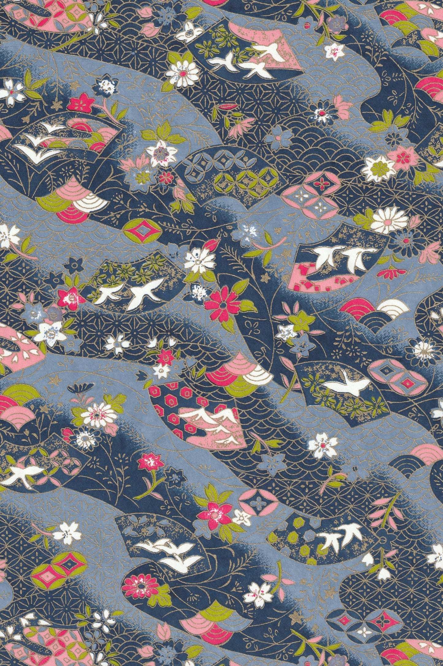 Decorative fabric pattern with floral and abstract designs on a blue background