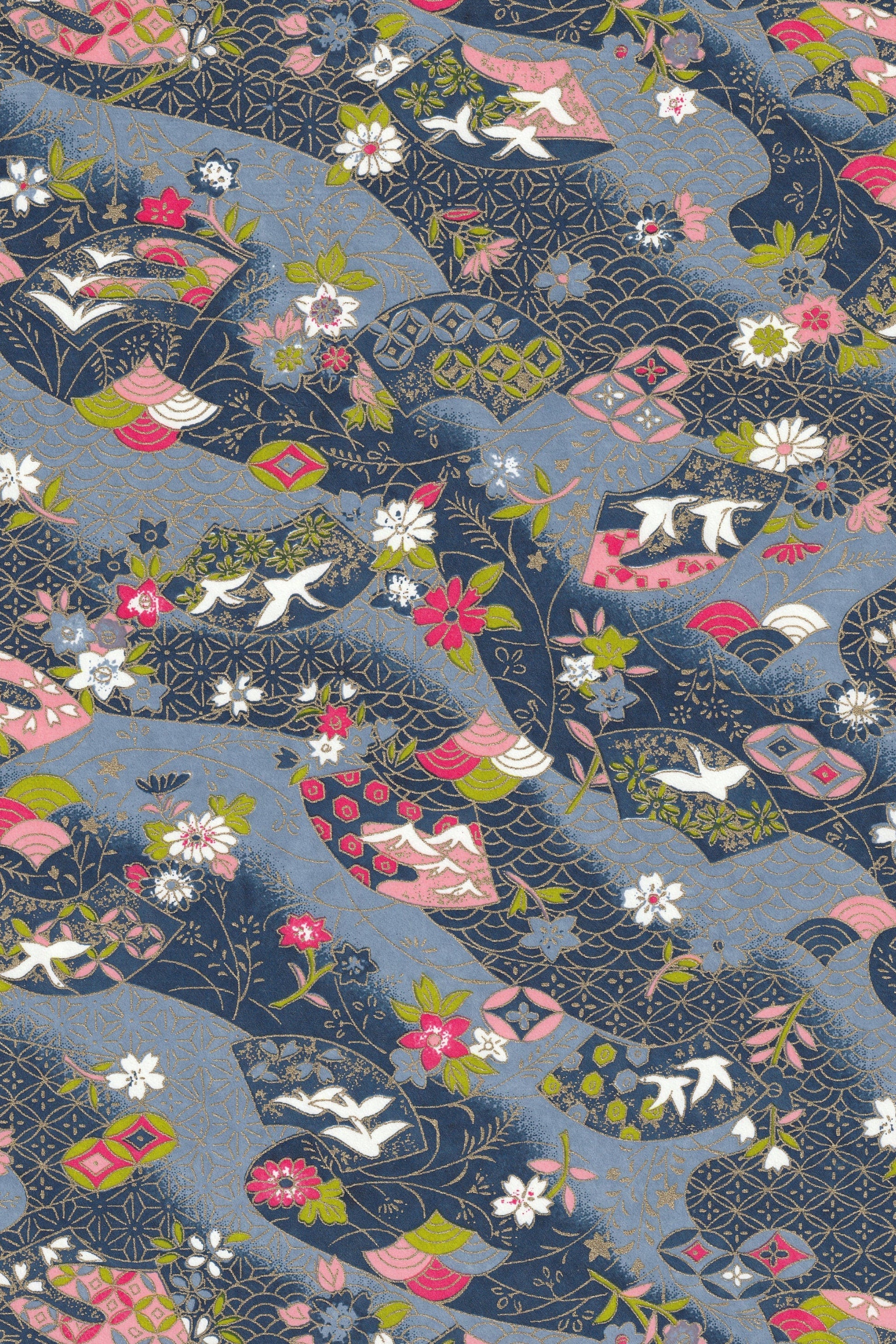 Decorative fabric pattern with floral and abstract designs on a blue background