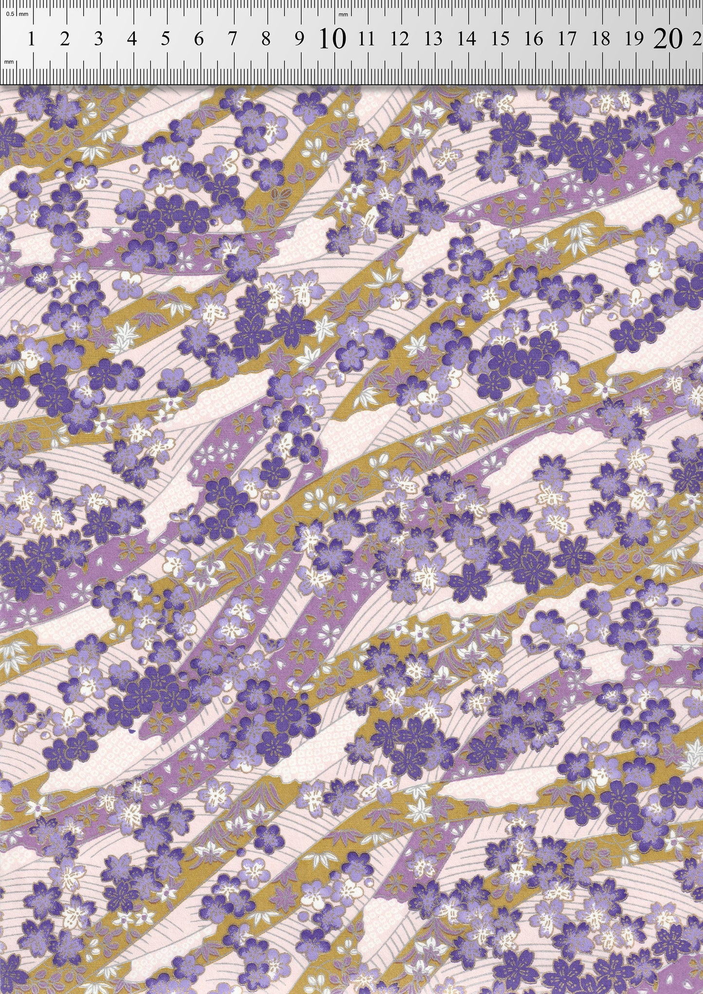 Floral pattern fabric with purple flowers on a white background