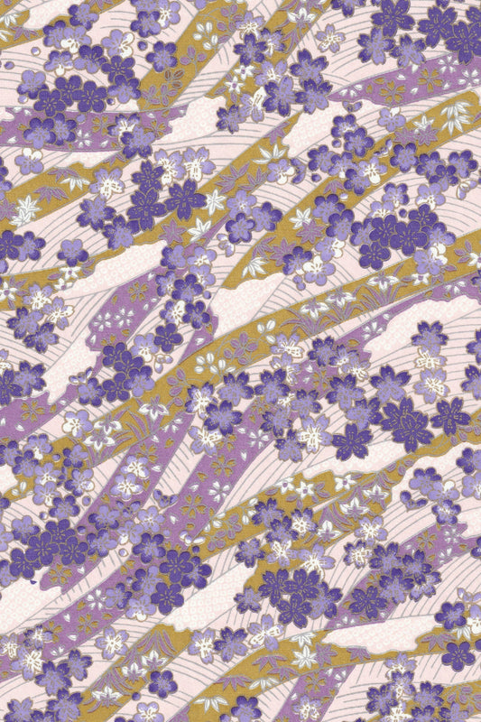 Patterned fabric with purple floral design on a white background