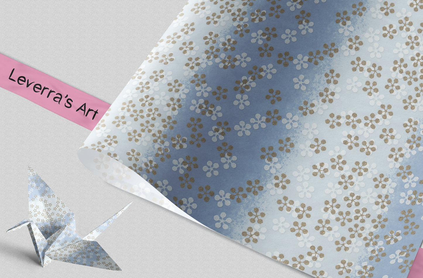 Floral patterned chiyogami paper and an origami crane on a light gray background featuring a "Leverra's Art" label.