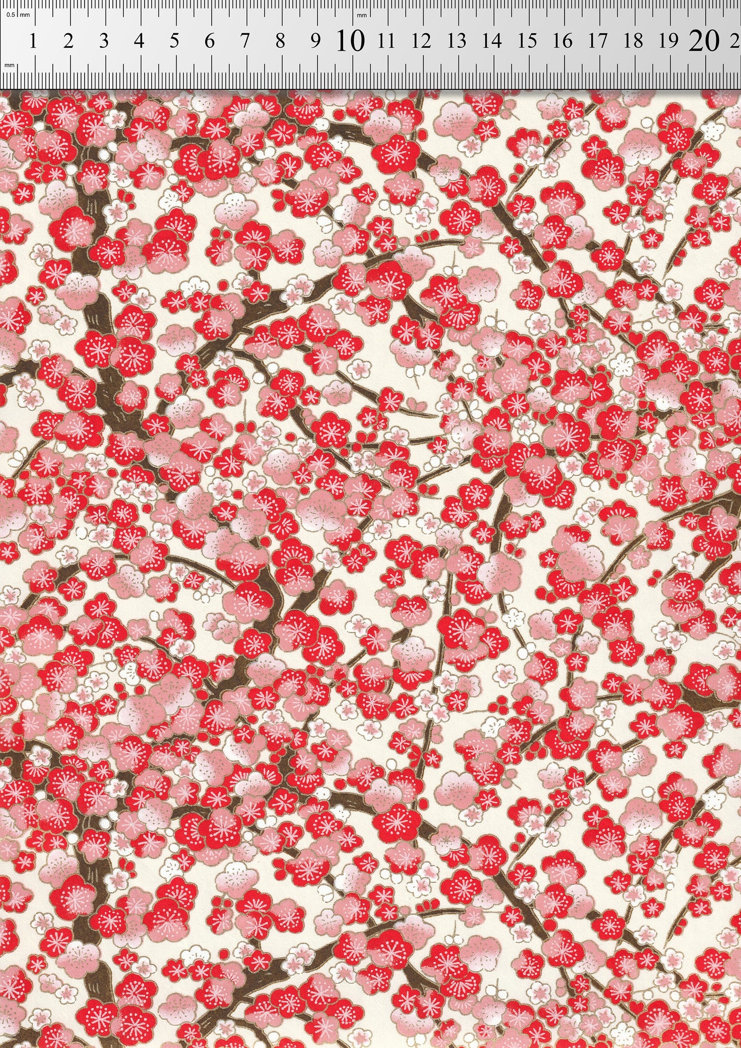 Chiyogami paper with Pattern of red and pink cherry blossoms on a white background with a ruler for scale