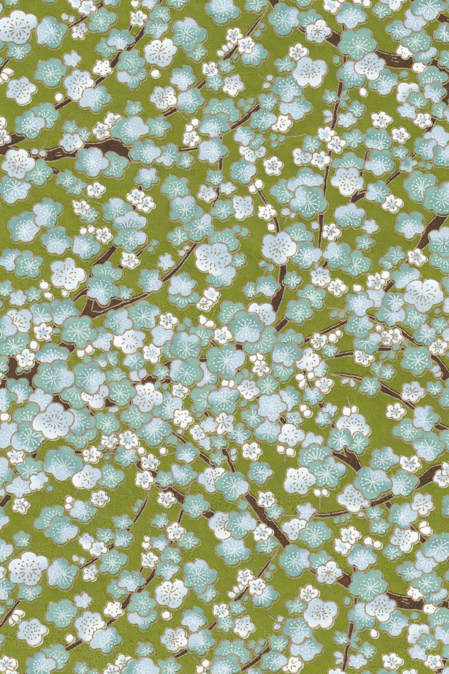 Floral pattern with white flowers and green leaves on a green background