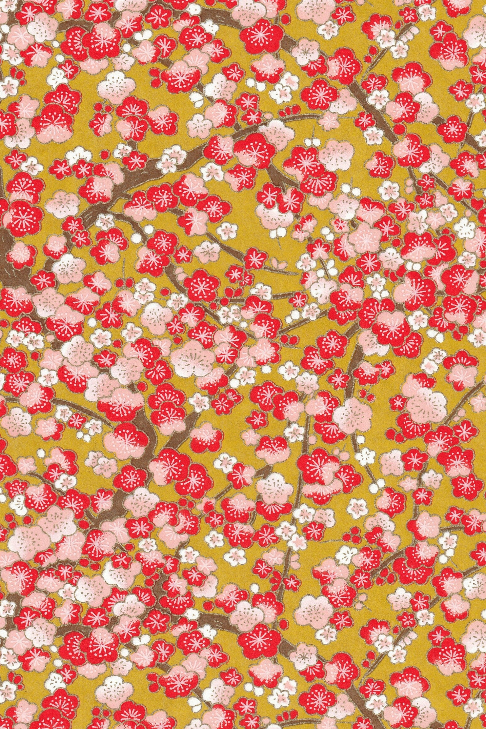 Floral pattern with red and pink flowers on a yellow background