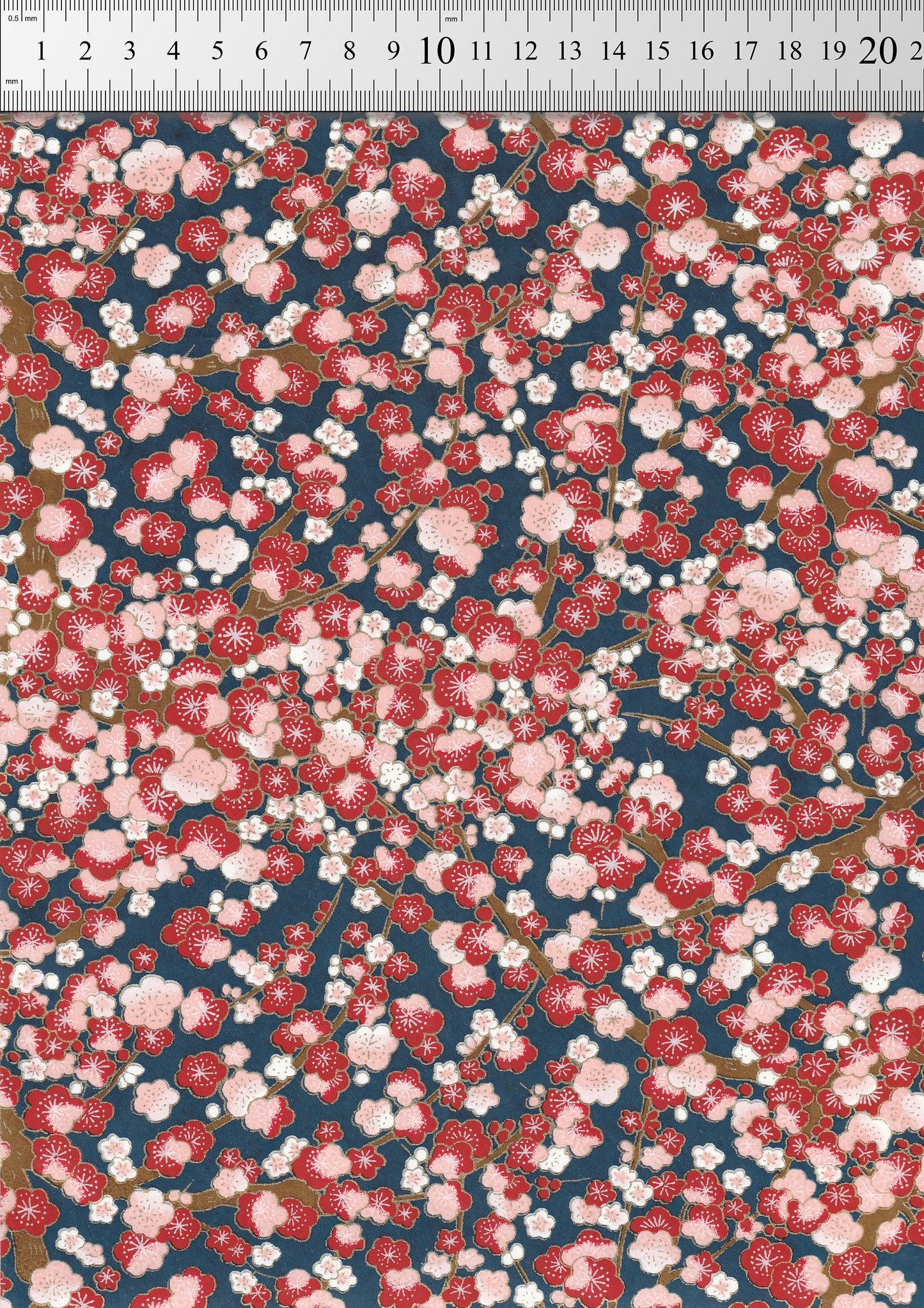 Floral pattern with red and pink flowers on a blue background