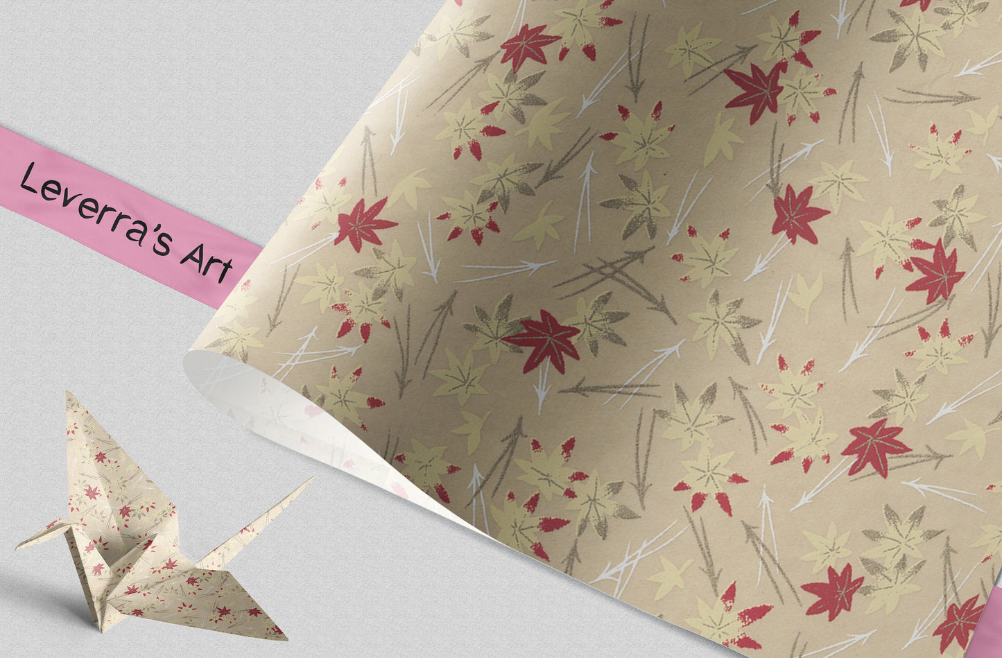 Floral patterned paper with a folded paper crane on a gray background, featuring 'Leverra's Art' branding.