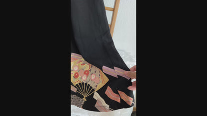Palazzo Pants size M Petite Upcycled Kimono Black Fan